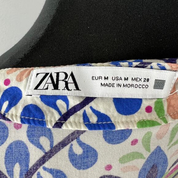 ZARA White Blue Red Print Bell Sleeve V-Neckline Button Down Shirt Size M Medium - Picture 8 of 9